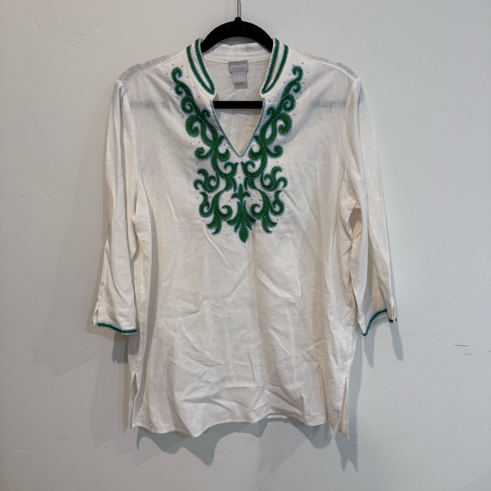 Chicos Linen Embroidered Embellished Women's Blouse Top Size 2 US 12/14 Boho
